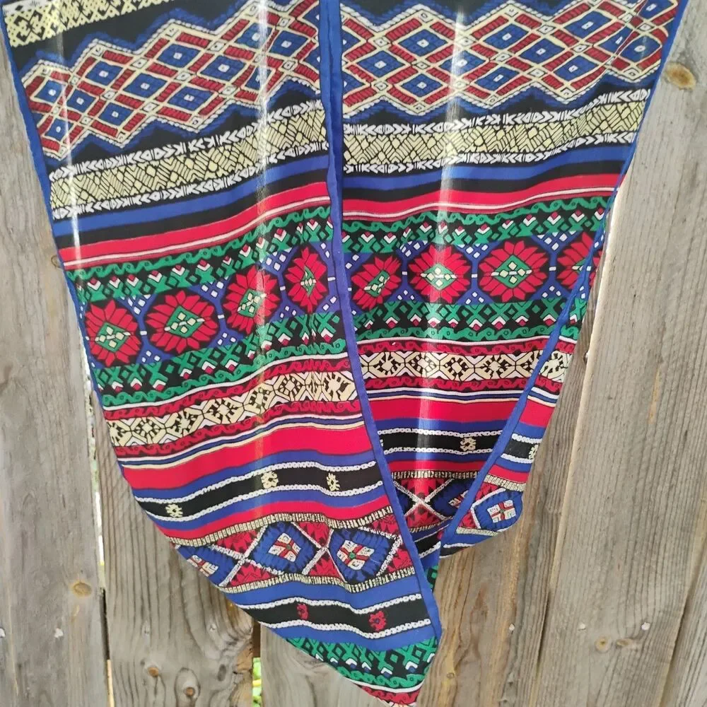 Vintage Southwestern Tribal Geometric Oblong Scarf Royal Blue Red Yellow 54x10